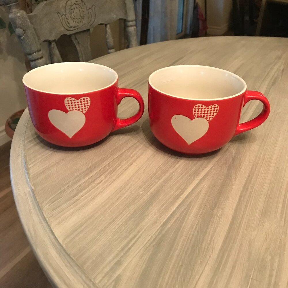 Two Red Ceramic Cups With Hearts